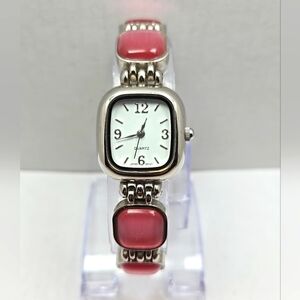 Womens Vintage Avon Watch Silver Tone Tank Pink Faux Moonstones New Battery